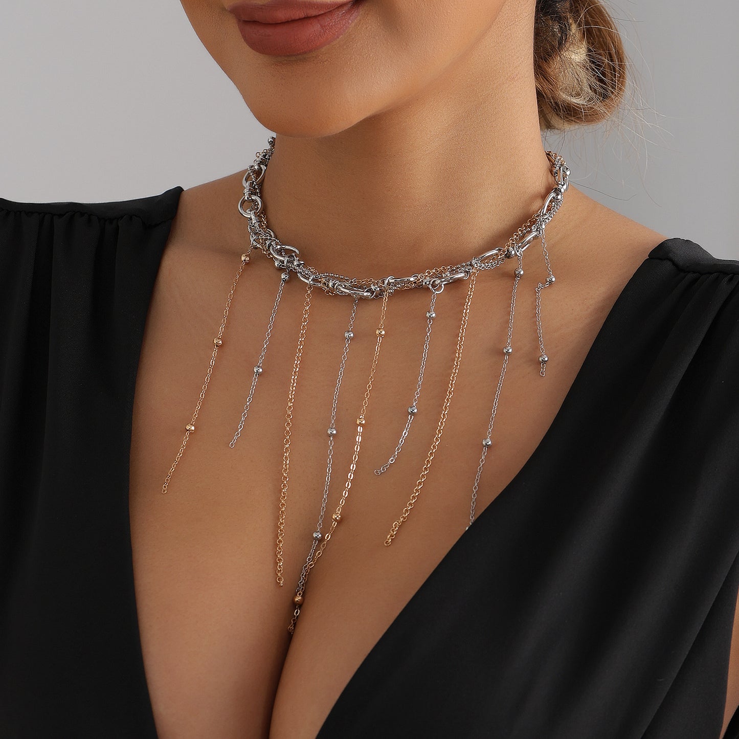 Two-Tone Gold and Silver Geometric Alloy Multi-Layer Tassel Necklace for Women