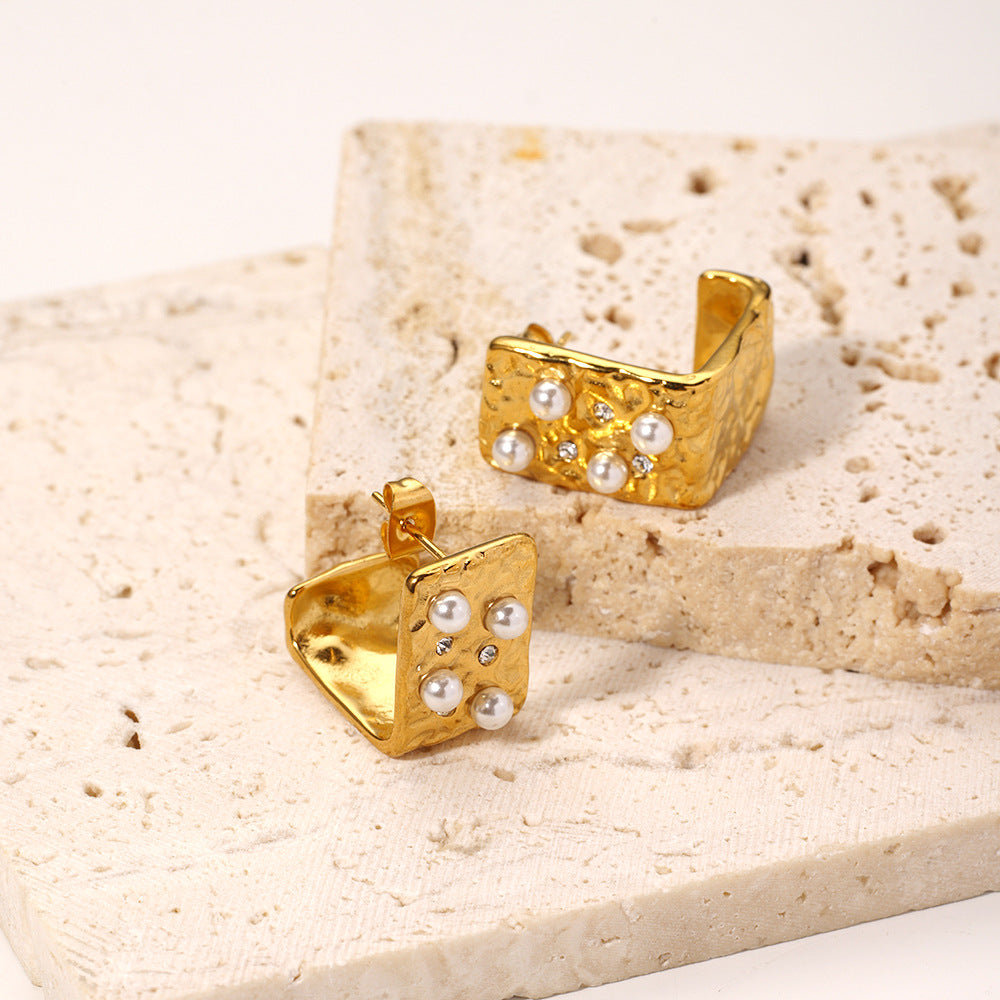 Orecchini da donna quadrati geometrici vintage francesi placcati oro 18 carati in acciaio inossidabile con perle