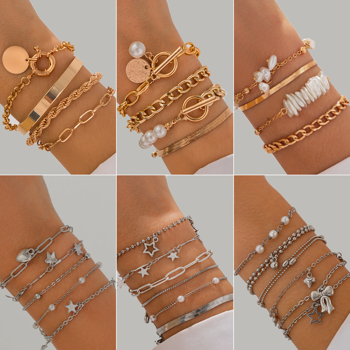 Minimalist Style Pearl-Style Beaded Portrait Pendant Bracelet with Heart and Star Charms, Plated Finish