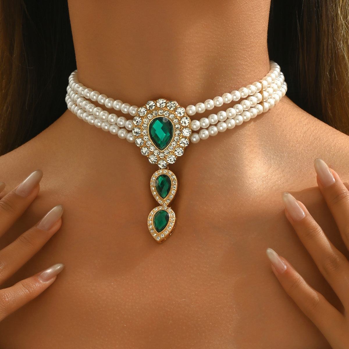 Collar largo geométrico de capas con cuentas para mujer, con colgante de aleación de zinc con incrustaciones de pedrería en cadena estándar