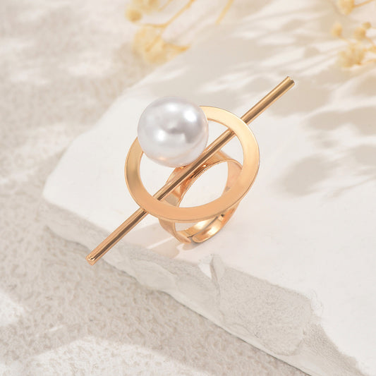 Anillo de mujer ajustable con incrustaciones de perlas redondas geométricas de aleación de zinc para un look de oficina a la moda