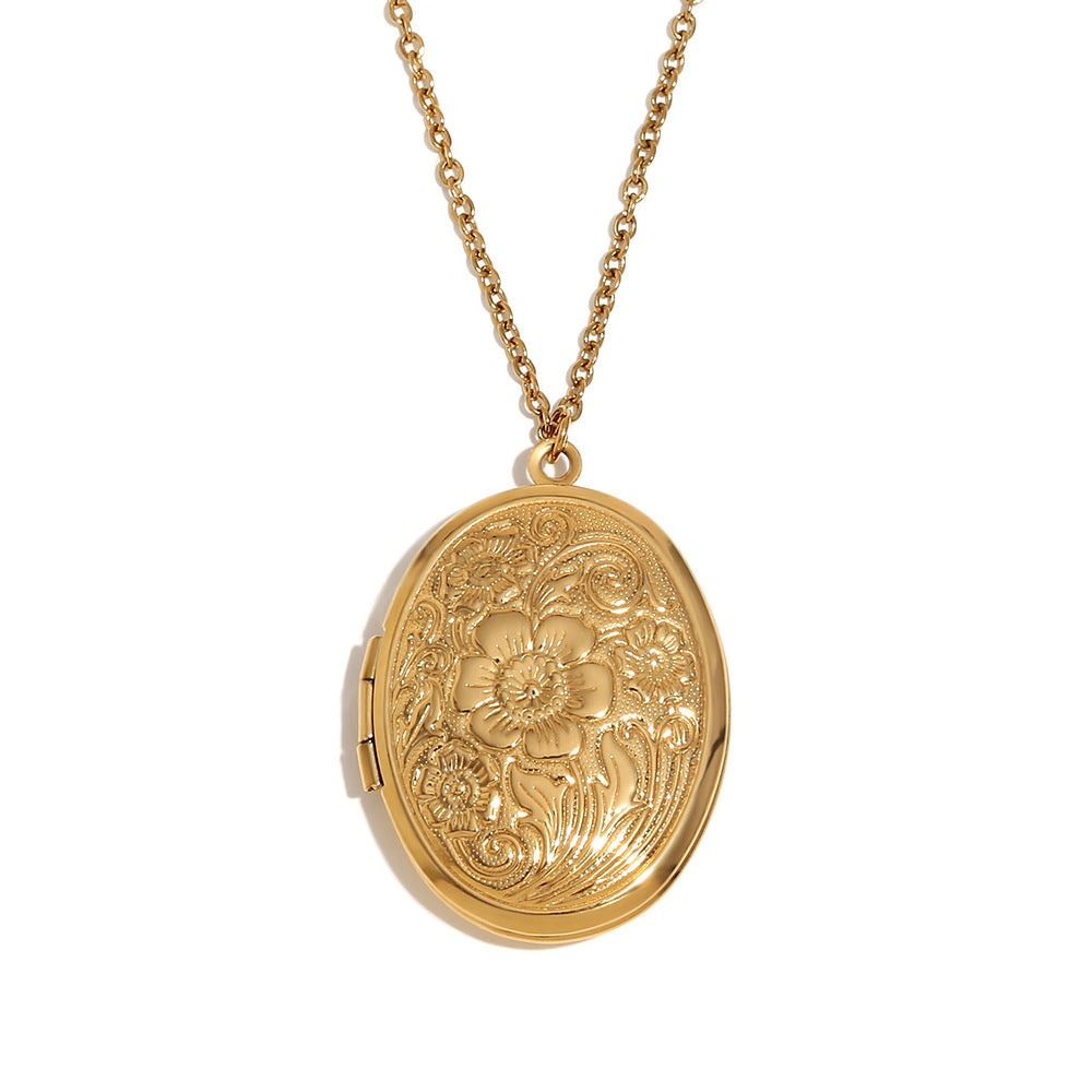 Fashionable Minimalist Geometric Daisy Pendant Necklace for Women Stainless Steel with 18K Gold Plating Double-Sided Mirror Locket