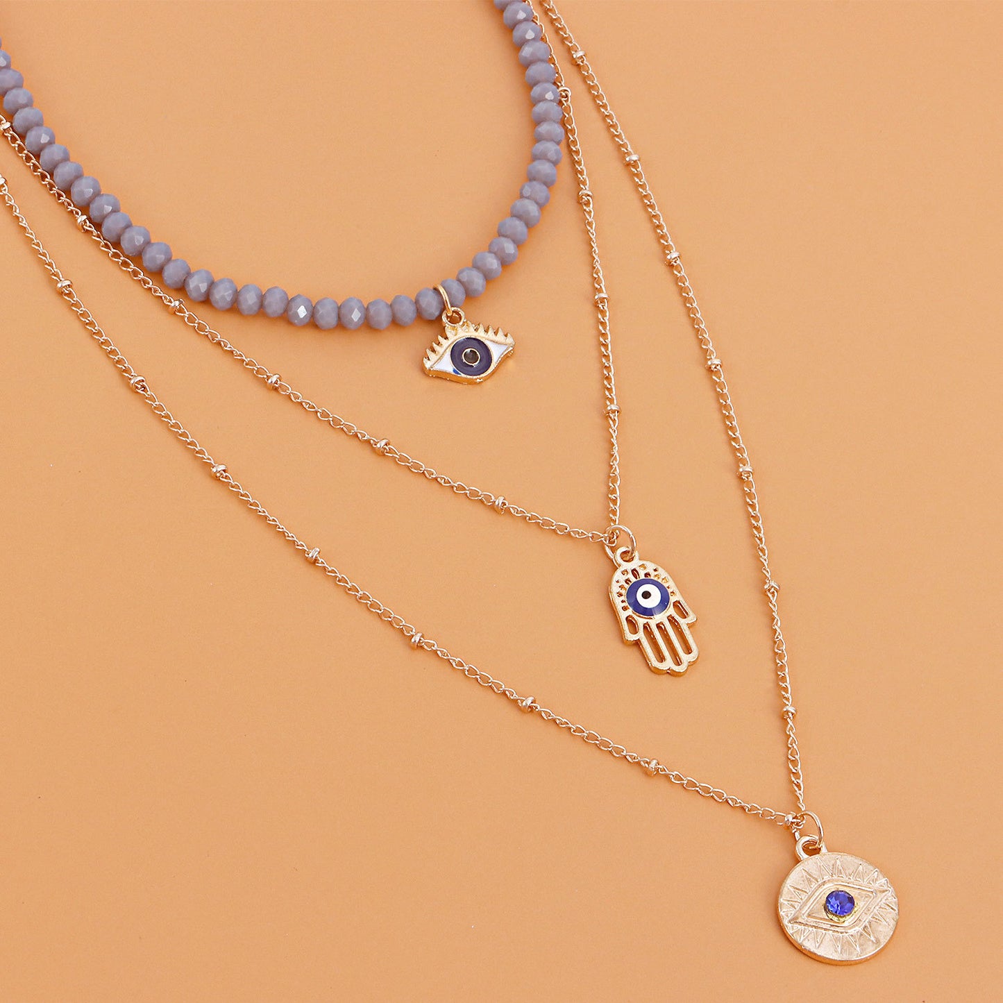 Geometric Blue Evil Eye Pendant Necklace with Rhinestone Inlay and Gold Plated Alloy for Women
