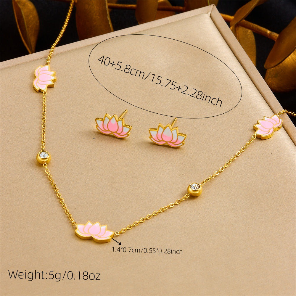 Minimalist Gradient Pink Lotus Rhinestone Drip Oil Stainless Steel Necklace Earring Bracelet Set with Cable Chain