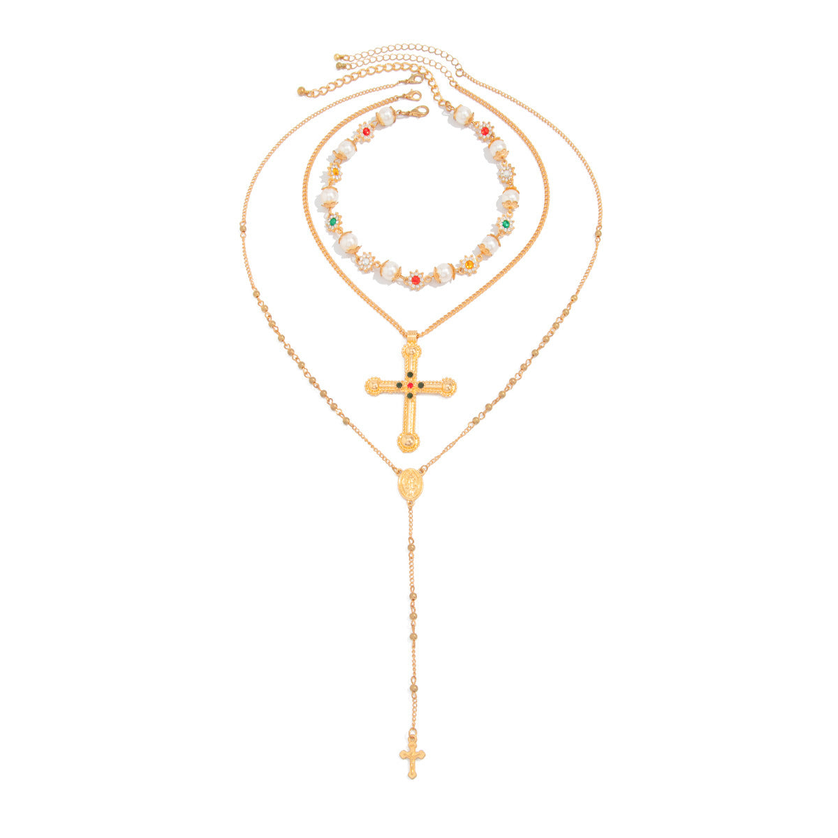 Sweet Cross Zinc Alloy Pendant Necklace with Rhinestone Pearl Beads Tassel Plated Chain for Women
