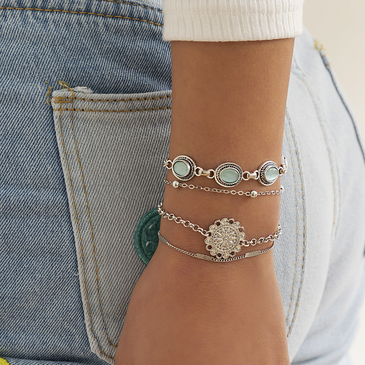 Ethnic Style Geometric Hollow-Out Cat's Eye Stone Stackable Bracelet Set in Alloy with Electroplated Finish