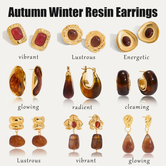 Minimalist Geometric Stainless Steel Earrings with Amber Resin Inlay and Plated Finish for Women