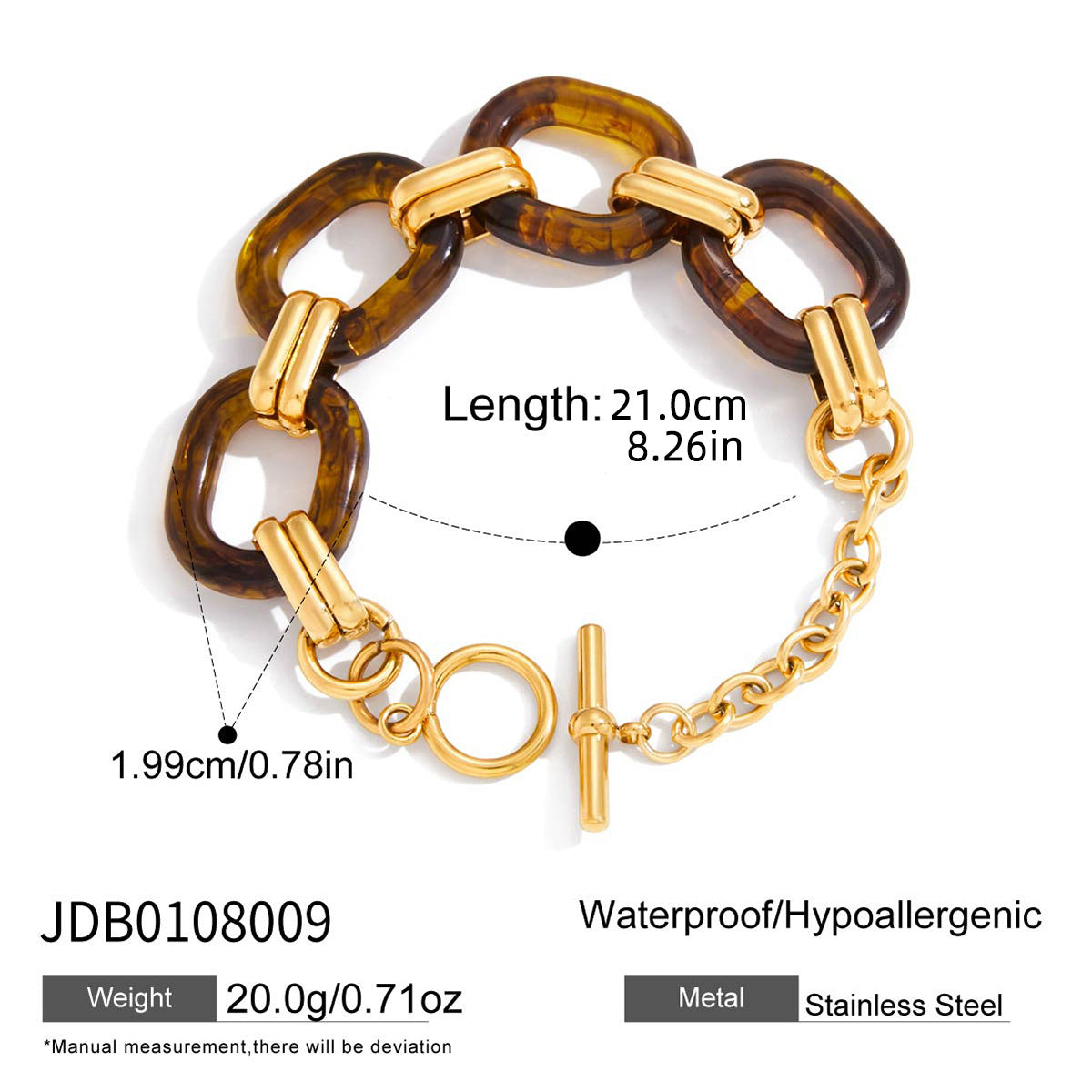 Pulsera minimalista geométrica de resina ámbar con cierre OT en acero de titanio con baño para mujer