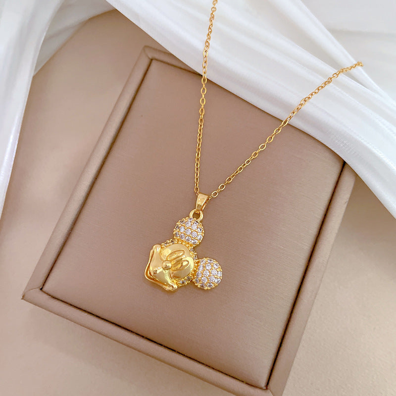 Luxury Sweet Fresh Titanium Steel Geometric Smiley Mouse Pendant Necklace with Rhinestones for Unisex