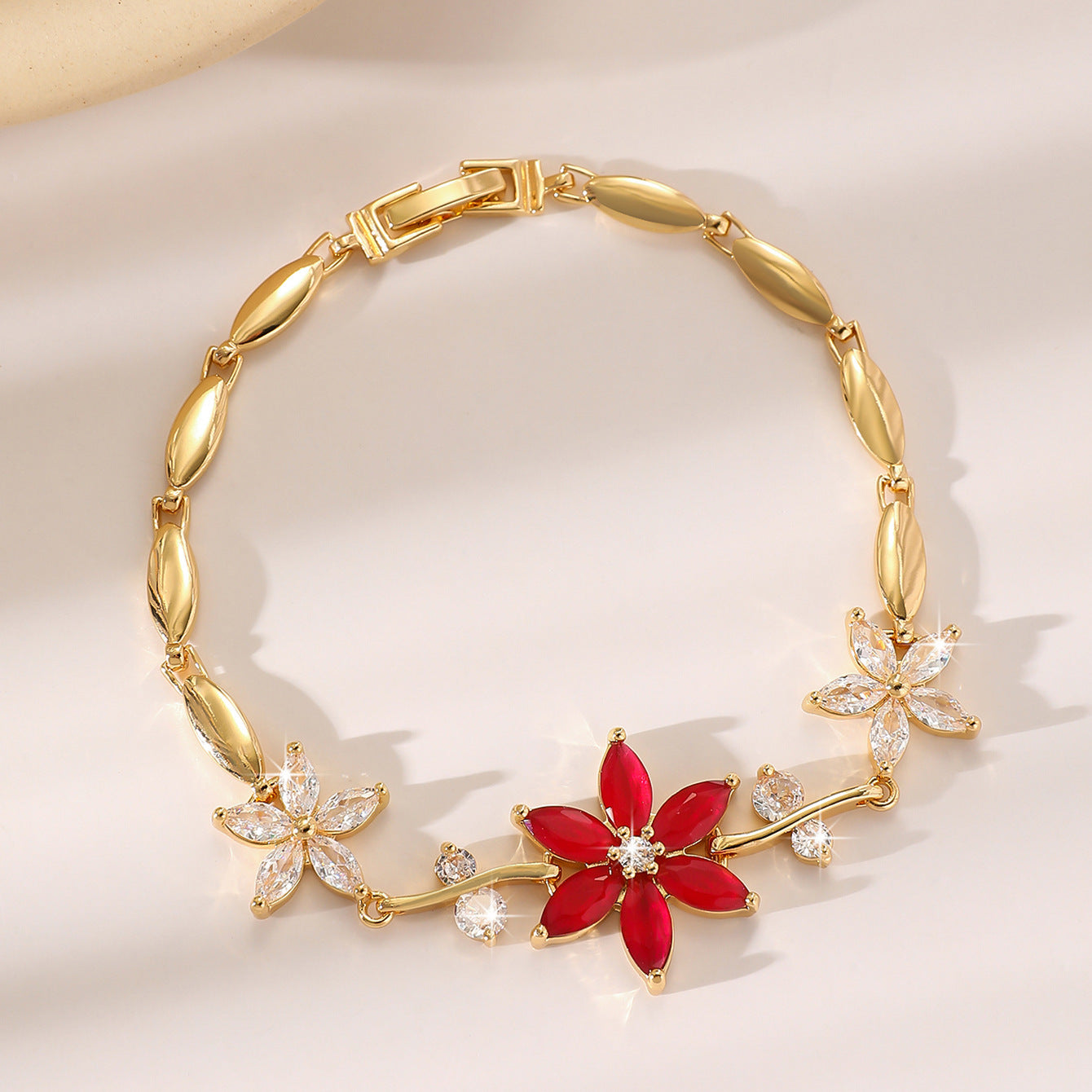 Luxury Gold Plated Brass Leaf Bracelet with Cubic Zirconia Inlay Unisex Floral Design