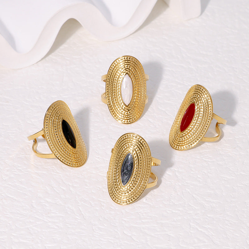 Vintage Oversized Wide Index Finger Ring in Geometric Shape with 18K Gold Plating and Enamel Finish on Stainless Steel