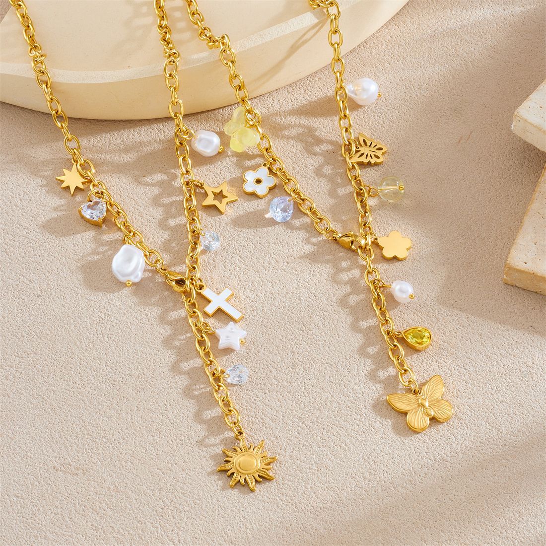 Casual Gold Plated Stainless Steel Star Cross Butterfly Pendant Necklace with Tassel Y-Chain