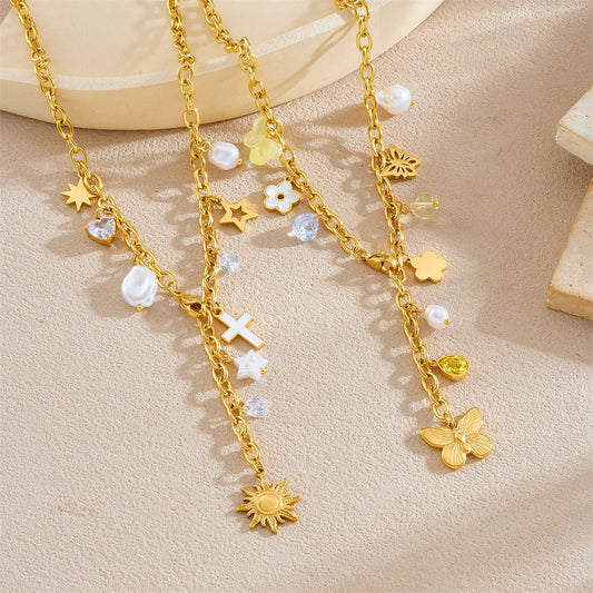 Casual Gold Plated Stainless Steel Star Cross Butterfly Pendant Necklace with Tassel Y-Chain