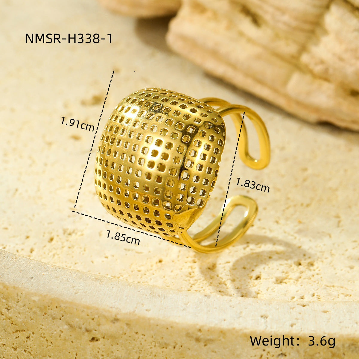Anillo Abierto Minimalista de Lujo de Acero de Titanio con Textura Cuadrada de Rejilla Hueca para Mujer