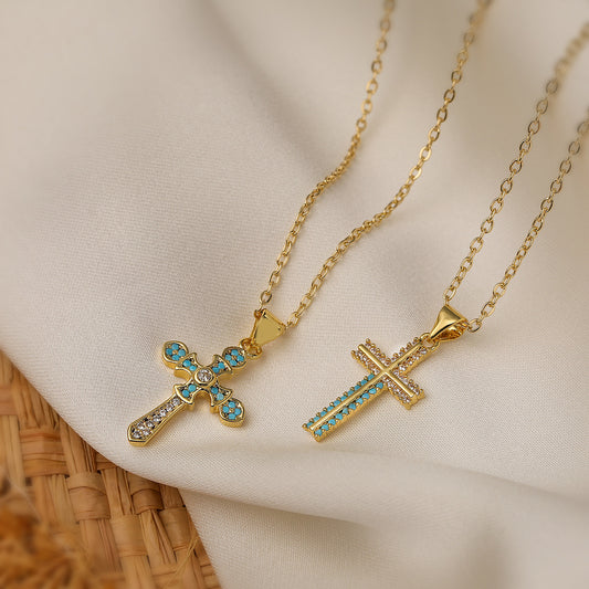 Minimalist Cross Pendant Necklace for Women in Copper with 18K Gold Plating and Zircon Inlay
