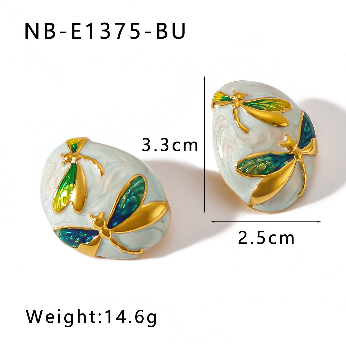 Minimalist Asymmetrical Oval Stainless Steel Earrings with Enamel Dragonfly Pattern and 18K Gold Plating for Women