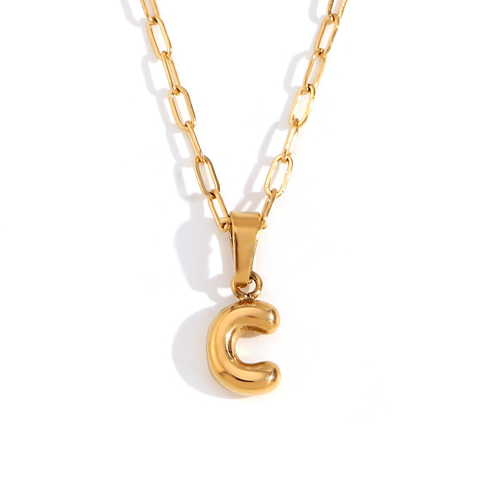 Minimalist Fashion Letter Pendant Necklace in Stainless Steel with 18K Gold Plating, Bubble-Inspired Mini Safety Pin Design for Women