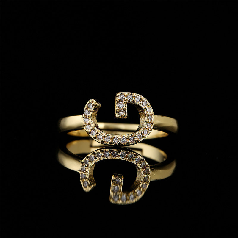 Fashion 18K Gold Plated Brass Micro-inlay Letter Ring Adjustable Open Band for Women
