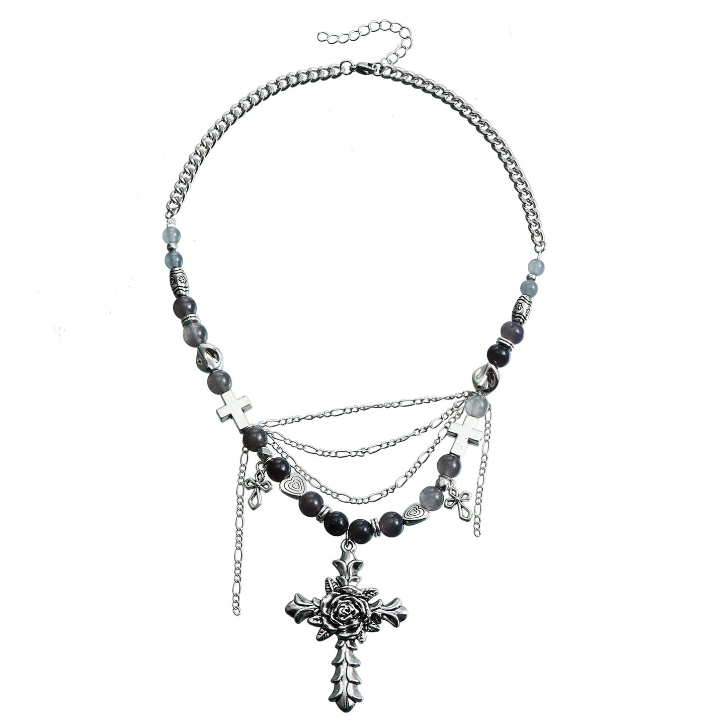 Dark Gothic Cross Pendant Clavicle Necklace with Cat's Eye Stone Accents and Geometric U-Shaped Design Alloy Chain for Women