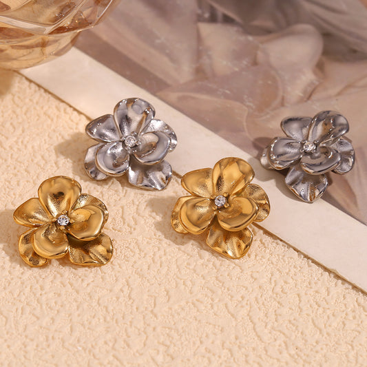 Vintage Floral Double-Layer Rhinestone Stud Earrings for Women in Stainless Steel with 18K Gold Plating