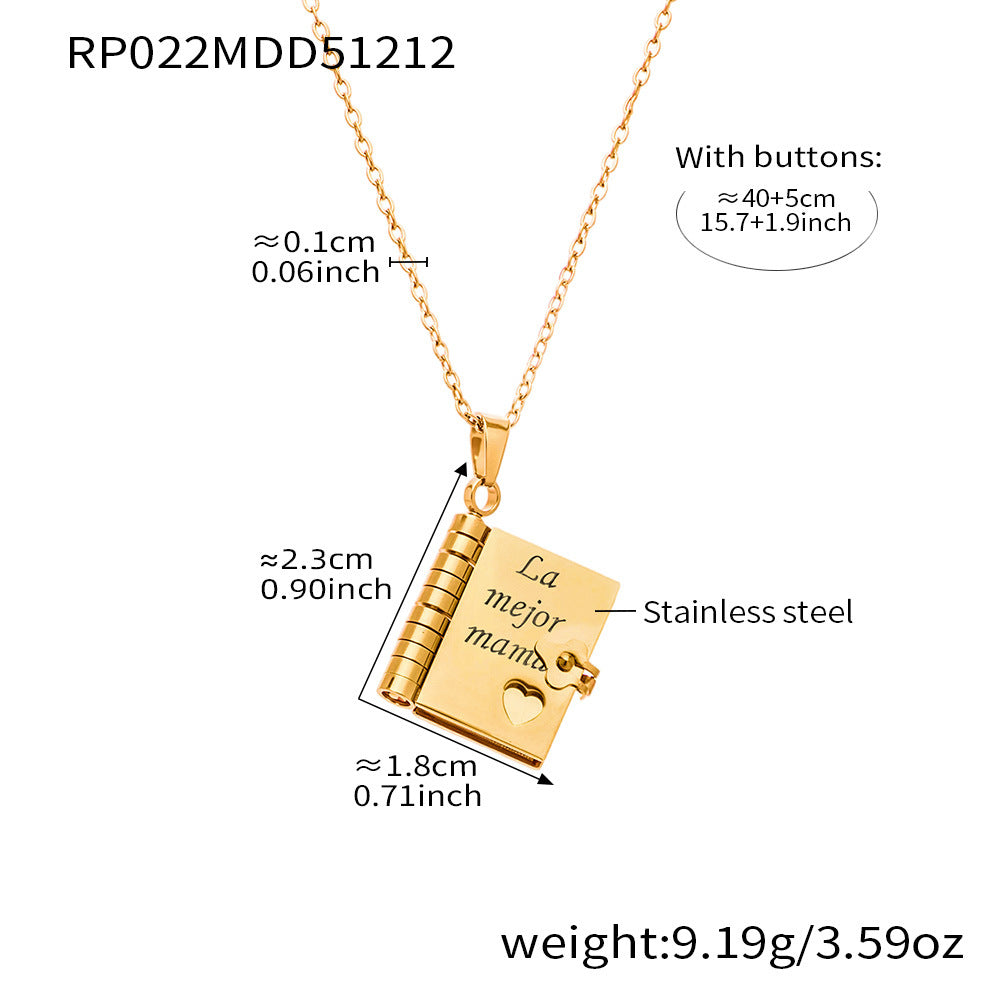 Minimalist 18K Gold Plated Geometric Book Pendant Stainless Steel Necklace for Women