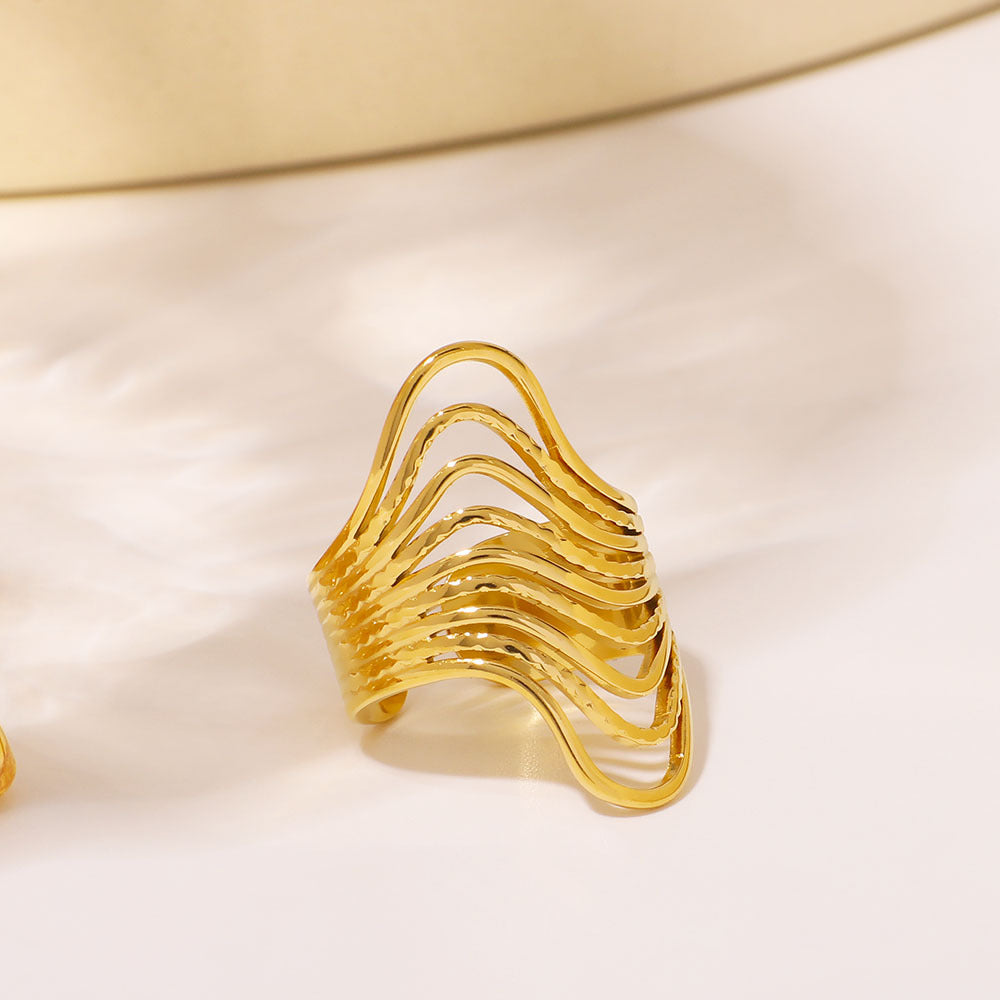 Trendy Unisex 18K Gold Plated Stainless Steel Irregular Wave U-Shape Geometric Ring