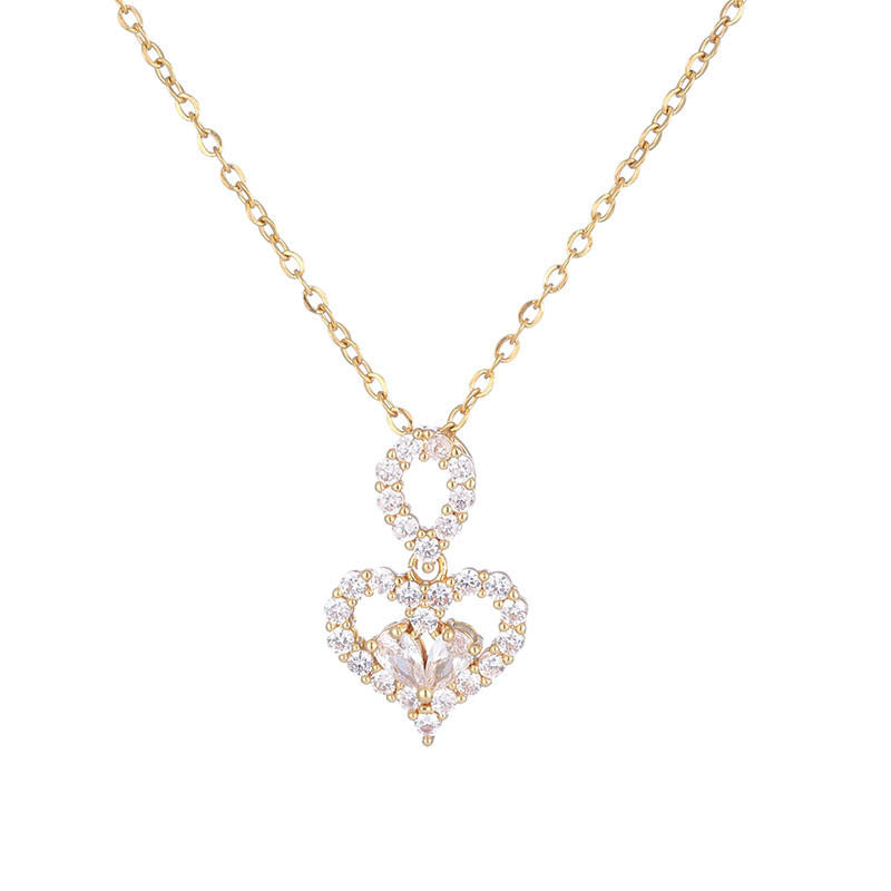 Minimalist Heart-Shaped Titanium Steel Pendant Necklace for Women with Rhinestone Inlay and O-Chain Design