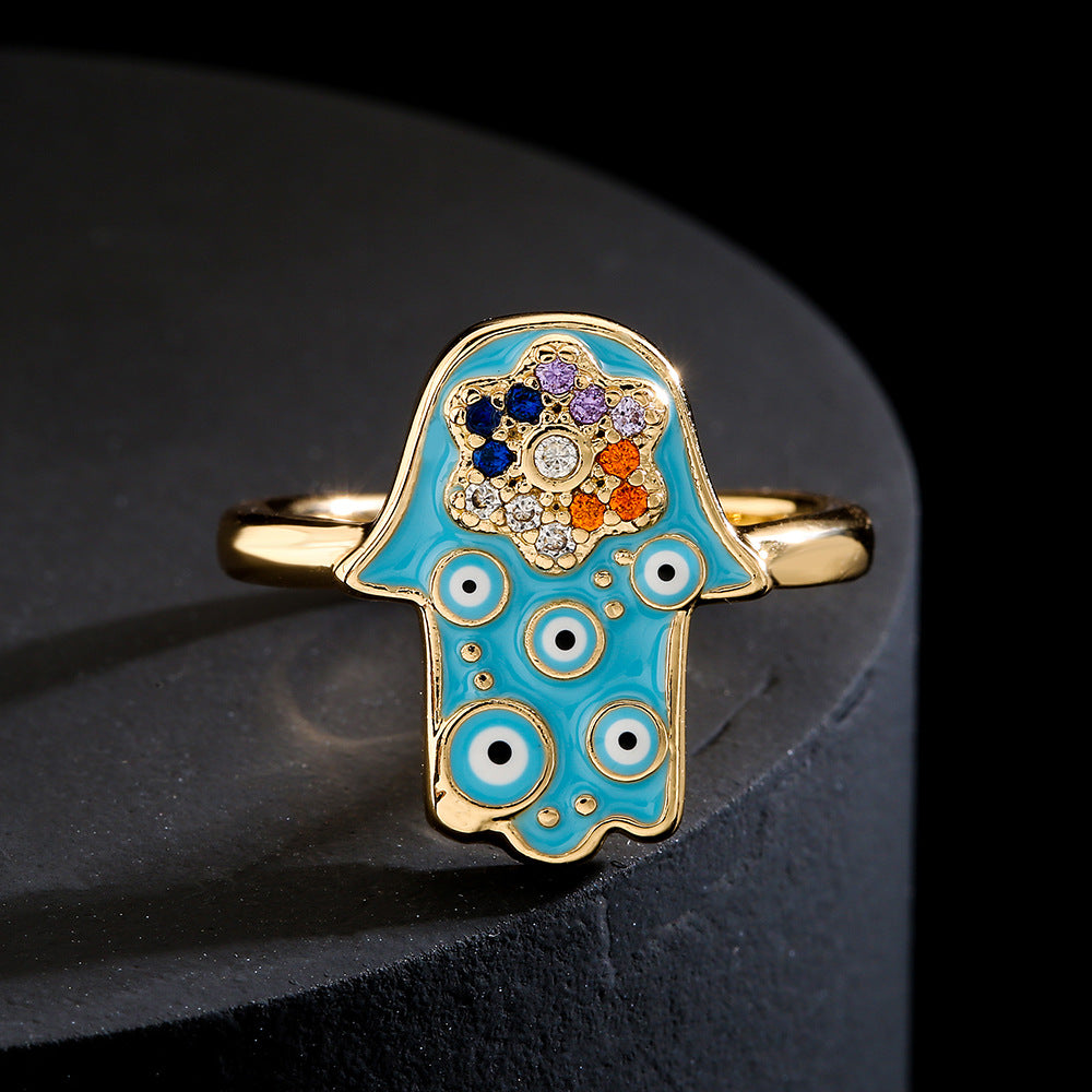 Ins Style Geometric Shaped Copper Ring with Gold Plating and Enamel Evil Eye and Hamsa Hand Design