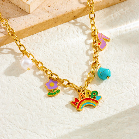Cartoon Drip Oil Turquoise Floral Stainless Steel Jewelry Set with Cable Chain for Women