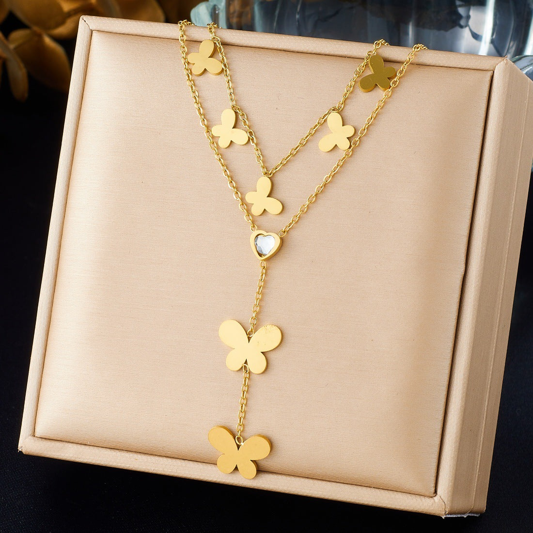 Gold Plated Rhinestone Butterfly Stainless Steel Layered Necklace with Tassel