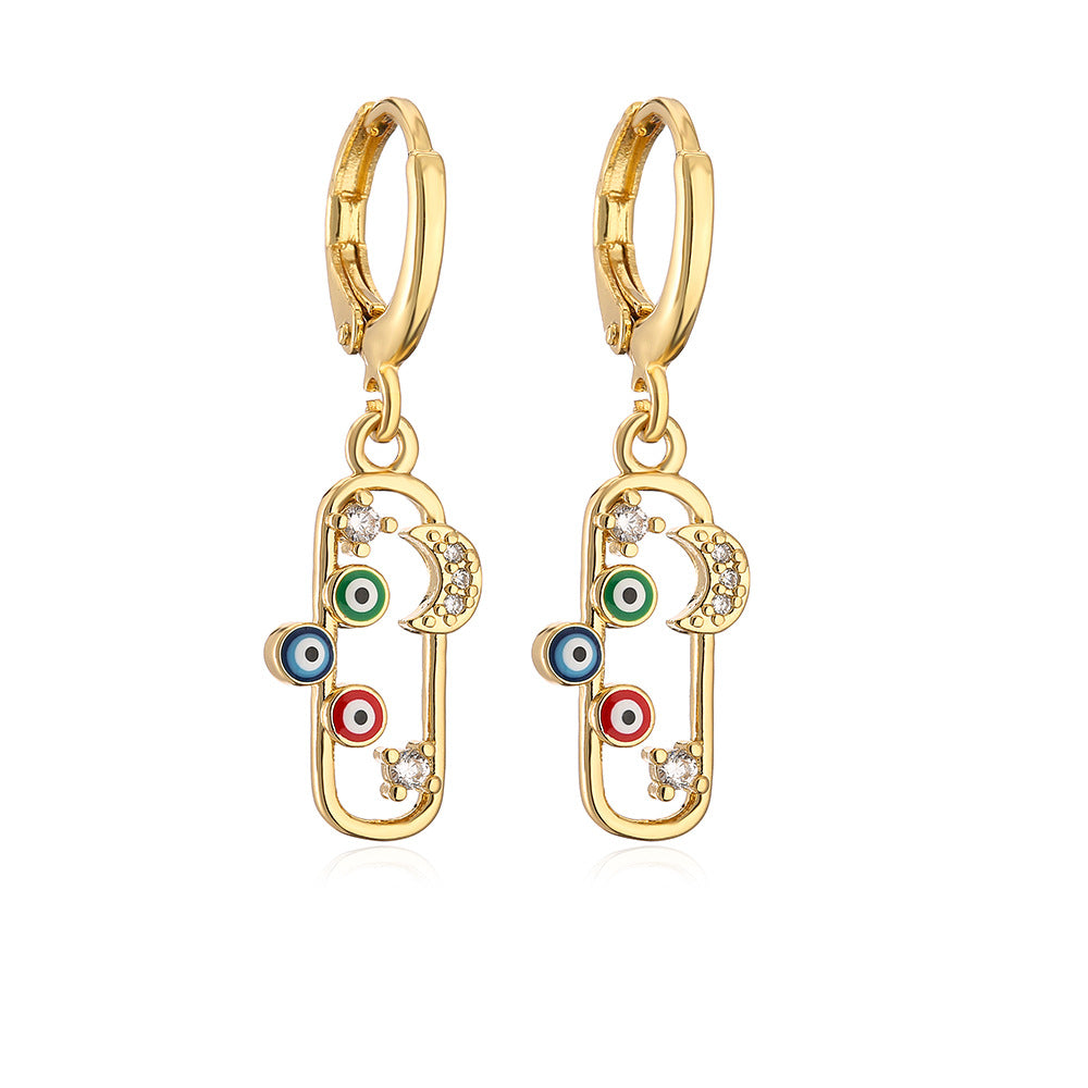 Geometric Star Moon Eye Earrings in Copper with Real Gold Plating and Zircon Inlay
