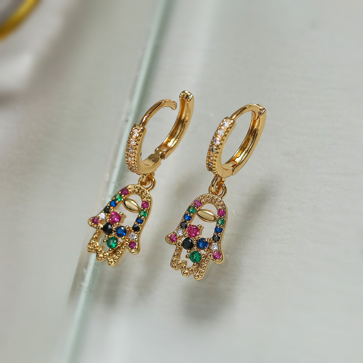 Minimalist Geometric Palm Tree Hand-Shaped Earrings in Brass with Real Gold Plating and Zircon Inlay