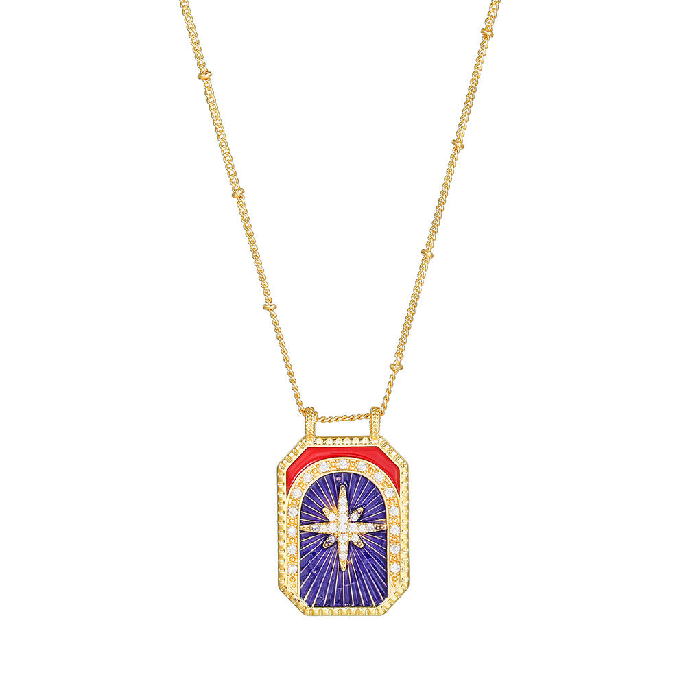 Geometric Gold Plated Brass Drip Oil Cubic Zirconia Inlay Tarot Necklace with Cable Chain