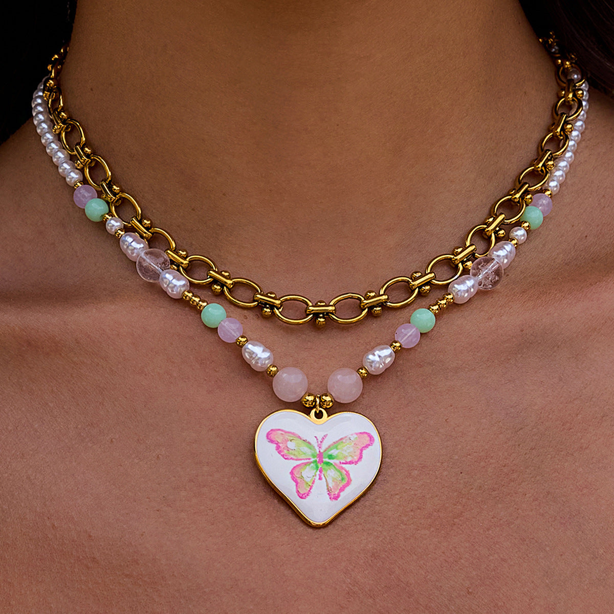 Collar Chapado de Acero Inoxidable con Forma de Corazón a la Moda con Colgante de Acero de Titanio para Mujer