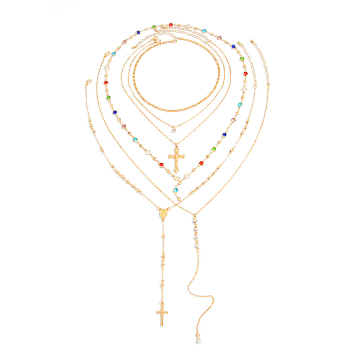 Minimalist Punk Rhinestone Inlaid Cross Pendant Zinc Alloy Plated Brass Multi-layer Necklace for Women