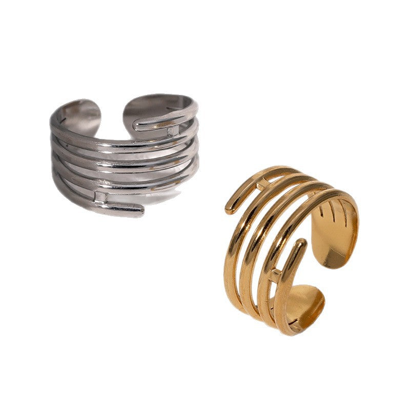 Anello Aperto Regolabile in Acciaio Inossidabile Geometrico Minimalista con Finitura Placcata per Donna