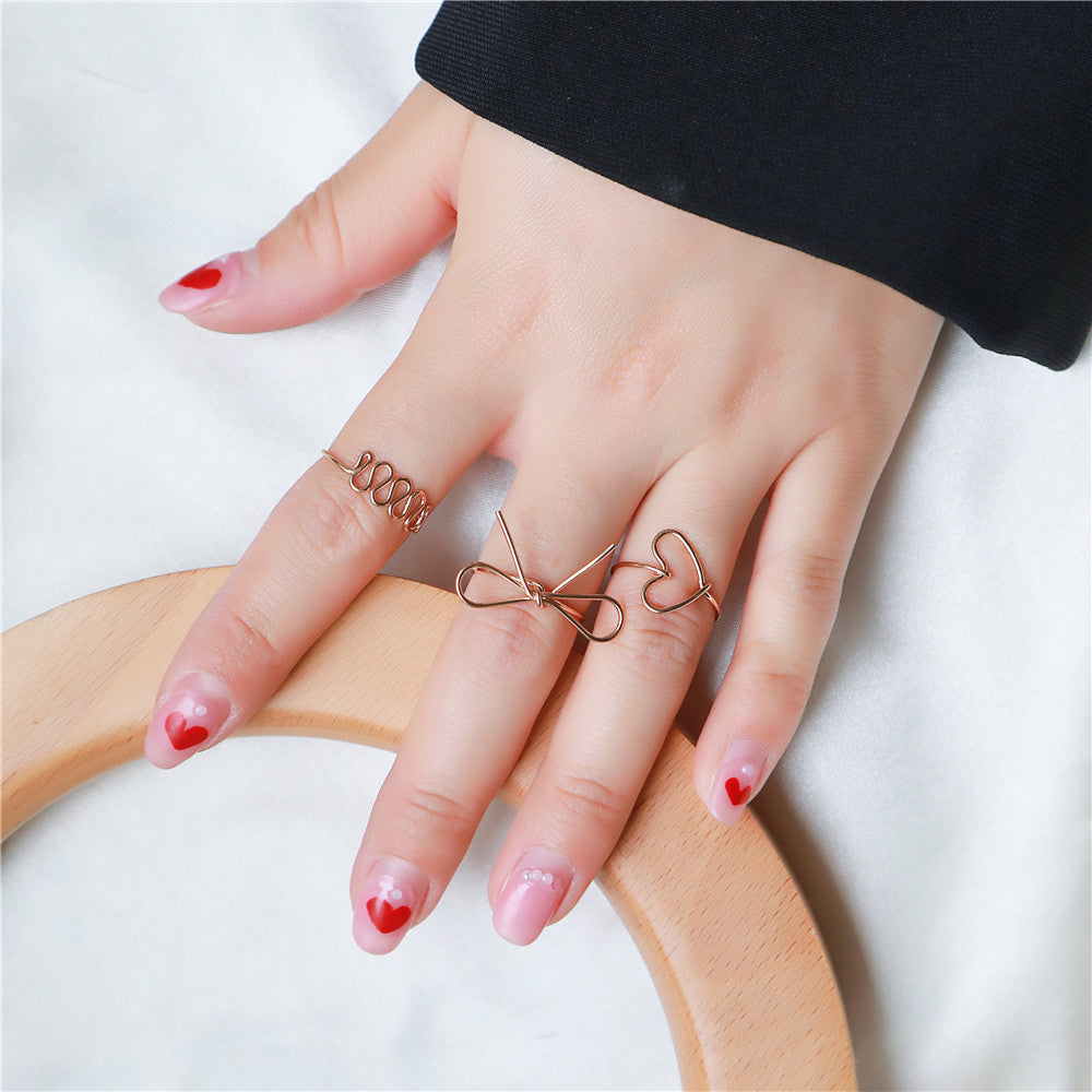 Minimalist Sweet Heart Knot Geometric Plated Alloy Ring Set for Women