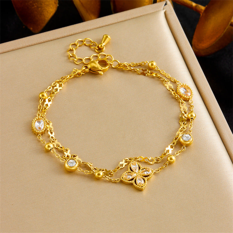 Luxury Elegant Geometric Floral Rhinestone Inlay Stainless Steel Double Layer Bracelet with Pearl