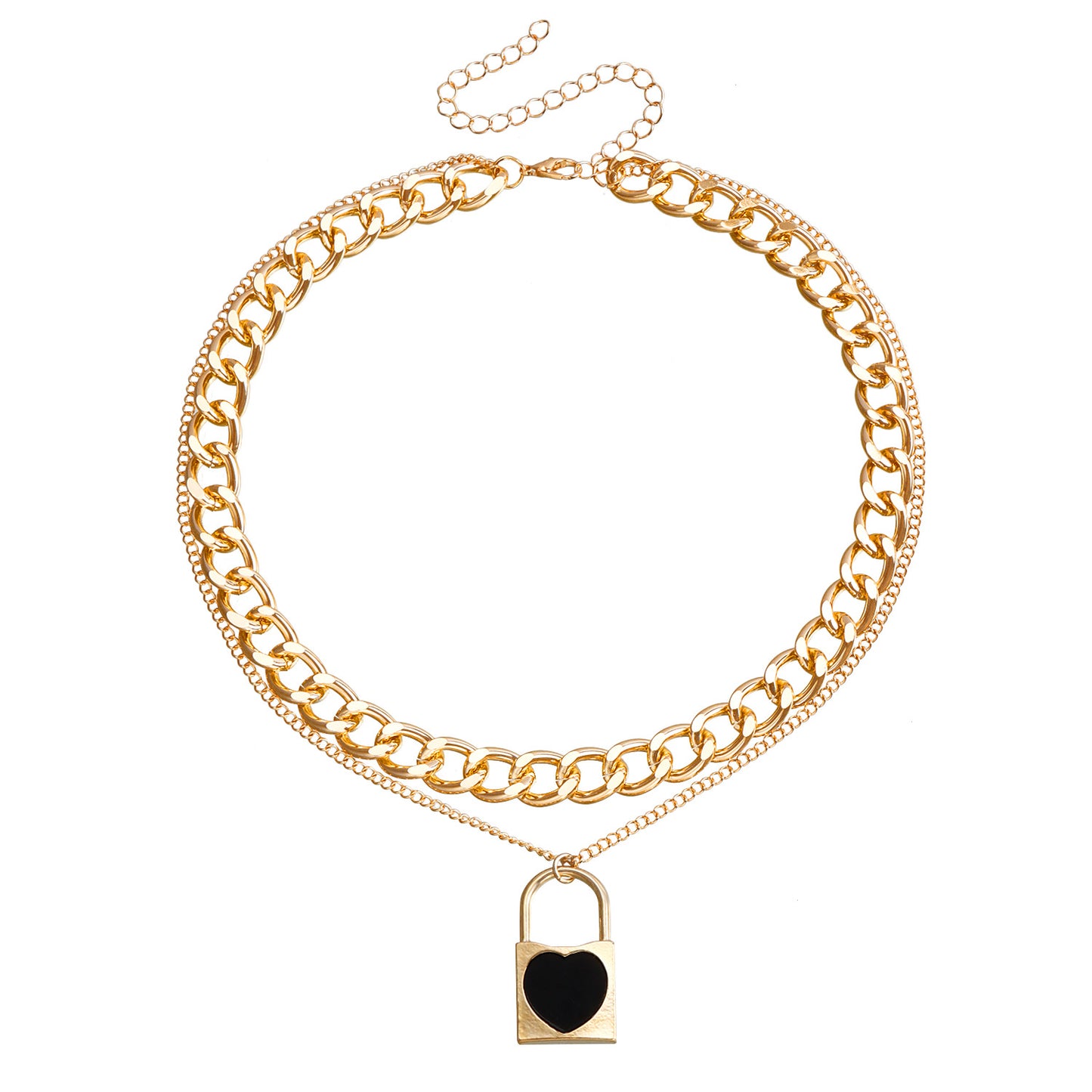 Elegant Two-Tier Black Heart-Shaped Lock Pendant Necklace in Metal with Electroplated Finish on Clavicle Chain