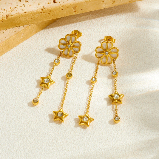 Vintage Gold Plated Stainless Steel Star and Floral Earrings with Rhinestone and Shell Inlay