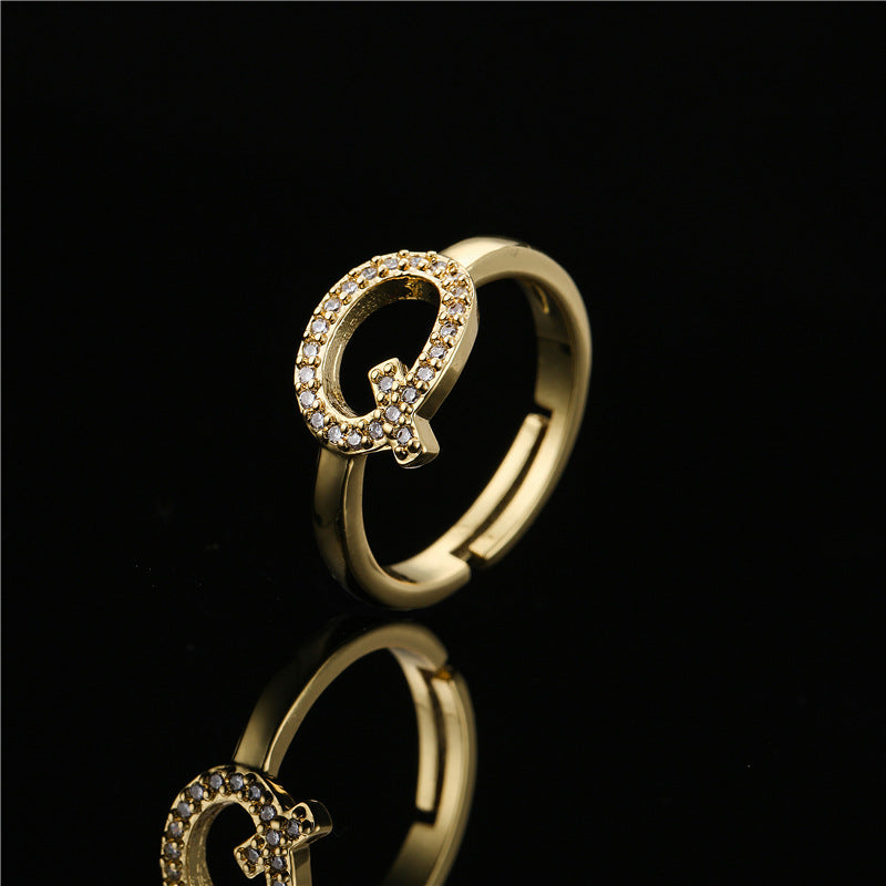 Fashion 18K Gold Plated Brass Micro-inlay Letter Ring Adjustable Open Band for Women