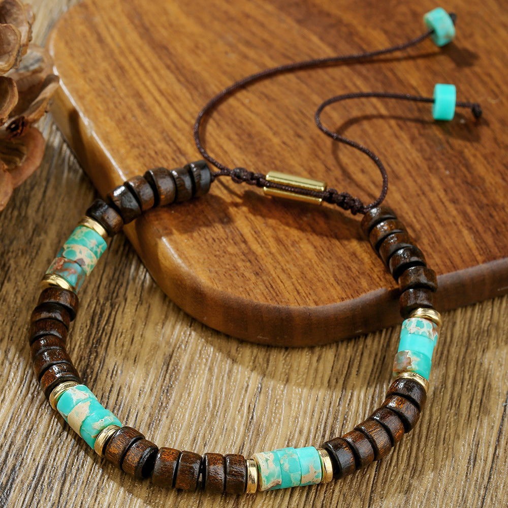 Bohemian Geometric Round Wood and Gemstone Beaded Bracelet for Men and Women