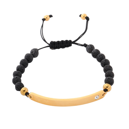 Pulsera de Acero Inoxidable con Piedra Volcánica Negra Geométrica, Estilo Oficina Elegante, con Incrustaciones de Diamantes de Imitación y Opción de Grabado para Mujer