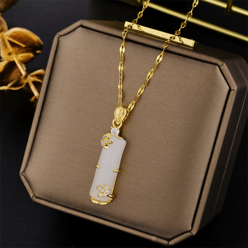 Collar minimalista chapado en acero titanio con forma de unión de bambú para mujer con cadena ondulada