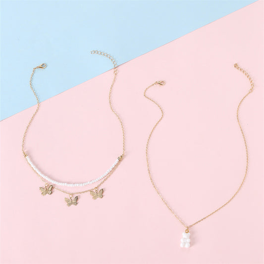Cute Bear Pendant Necklace Set for Kids in Pink Beads with Resin Material and Twist Plate Chain Style