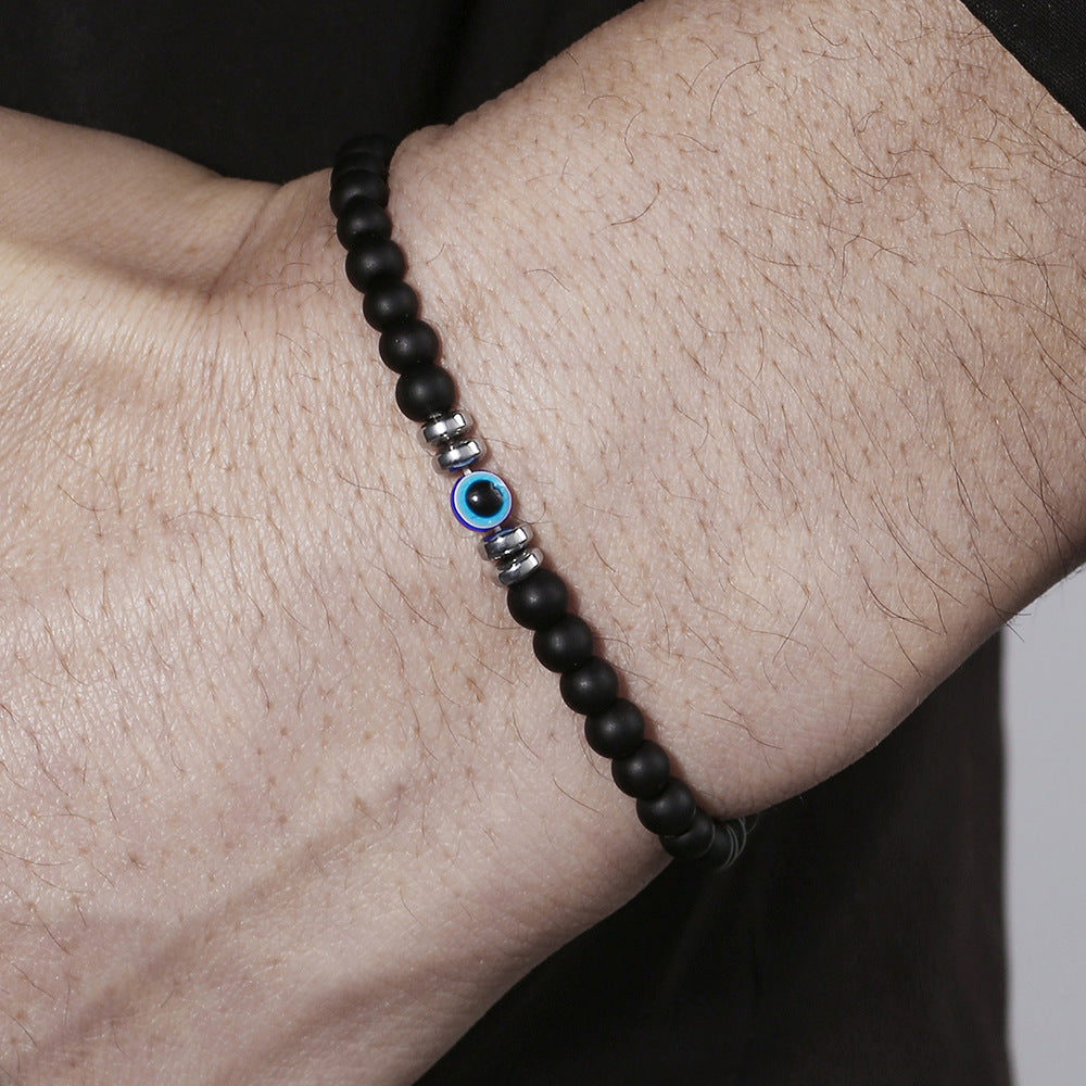 Men's Evil Eye Beaded Bracelet with Green Peacock, Yellow Tiger Eye and White Turquoise Stones