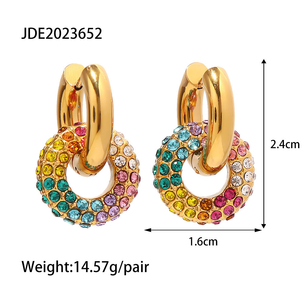 Colorful Rainbow Geometric Stainless Steel Earrings with 18K Gold Plating for Women