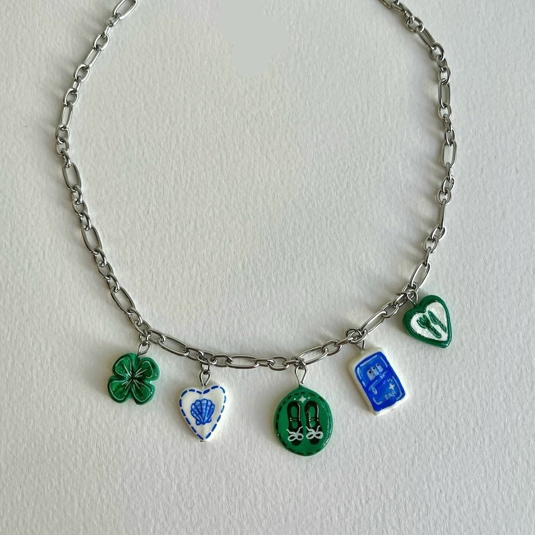Elegant Casual Geometric Heart Plant Drip Oil Plated Brass Necklace with Stainless Steel Pendant