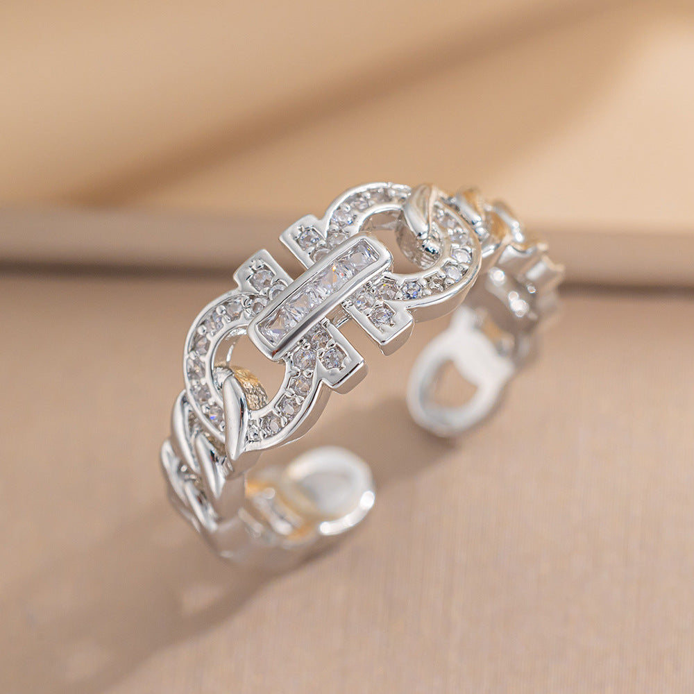 Luxury Minimalist Adjustable Open Ring for Women with Gold-Plated Copper Band and Zircon Stone Accent in Heart and Floral Shape