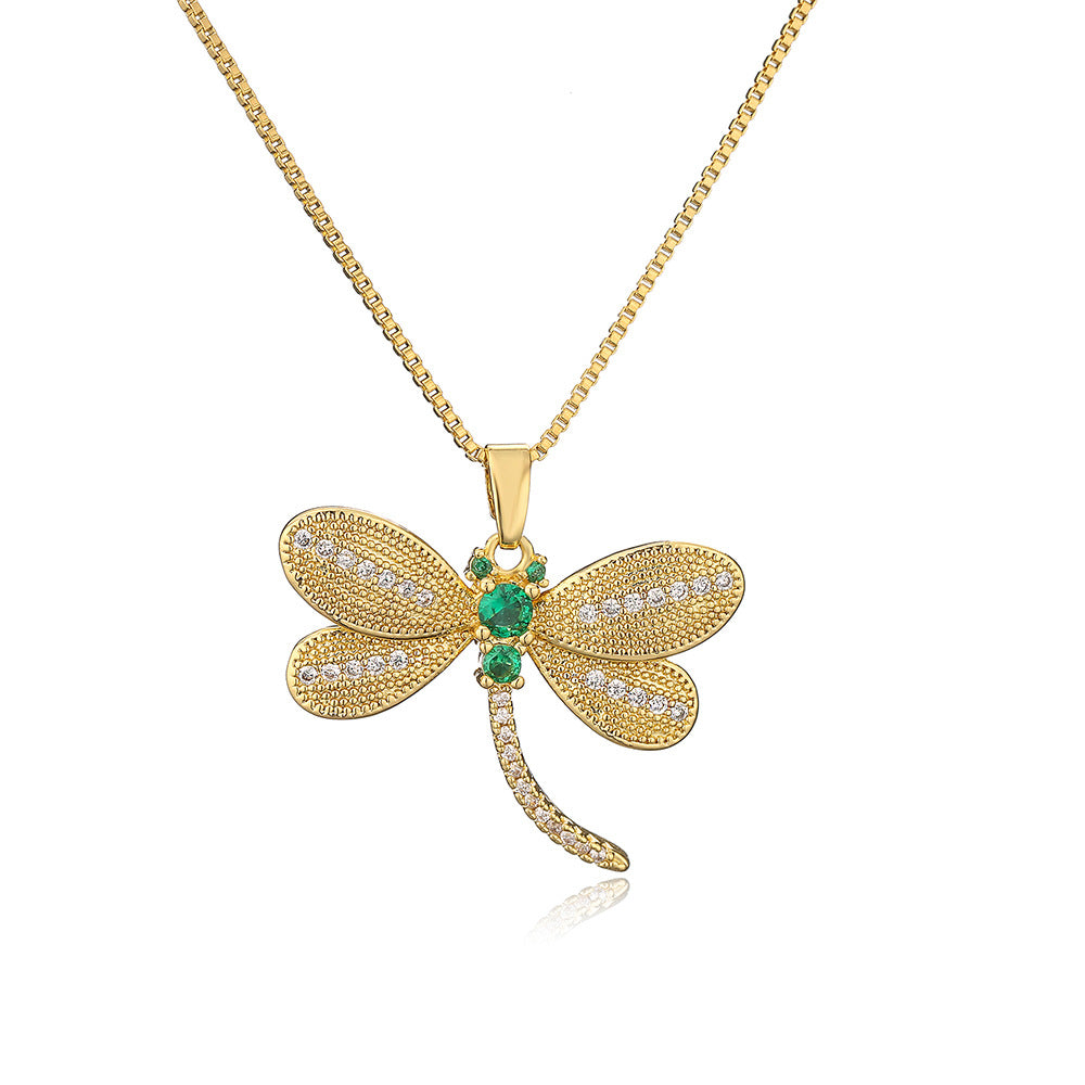 Minimalist Dragonfly Pendant Necklace for Women with Copper Base Plated in 18K Gold and Micro-Paved Zirconia